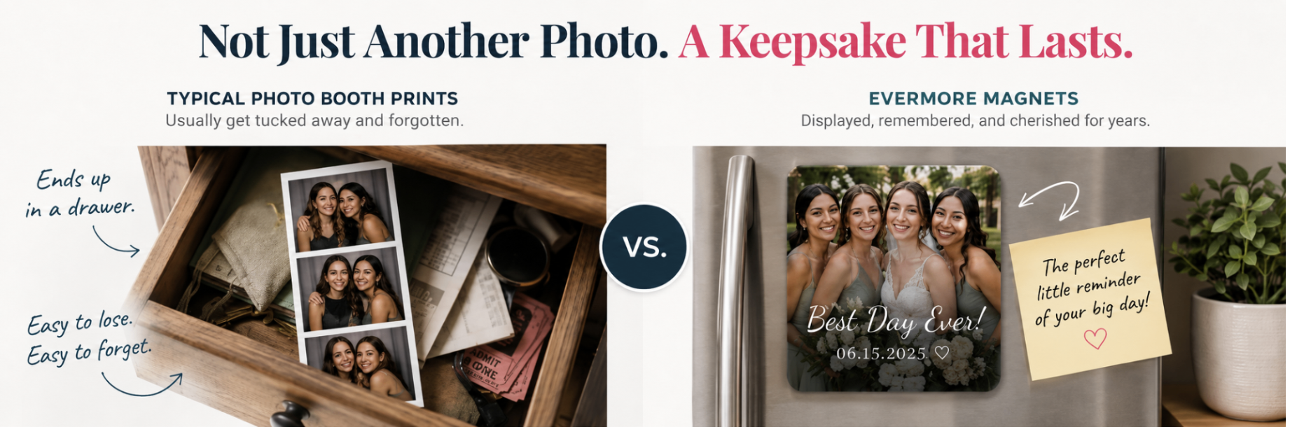 Typical photo booth prints end up in a drawer, while Evermore magnets are displayed and cherished for years