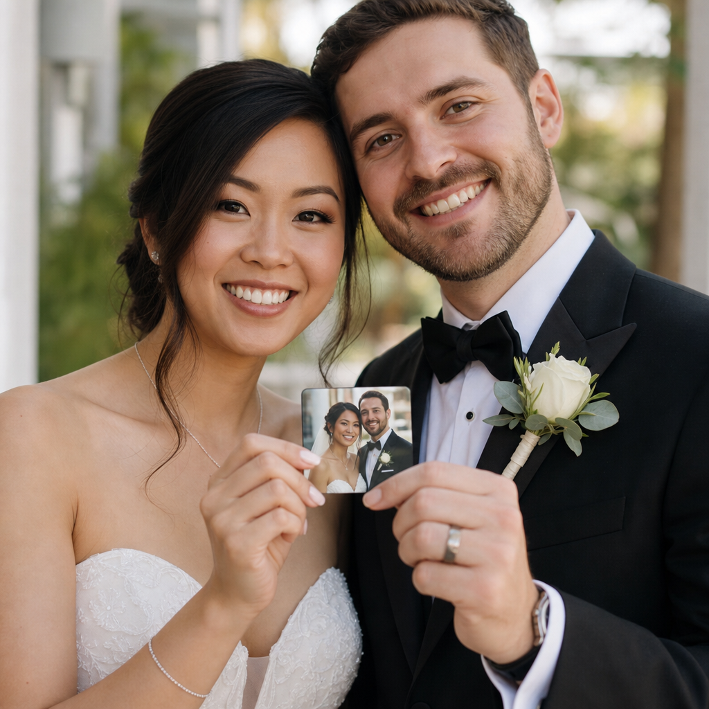 Couple holding a custom Evermore wedding magnet