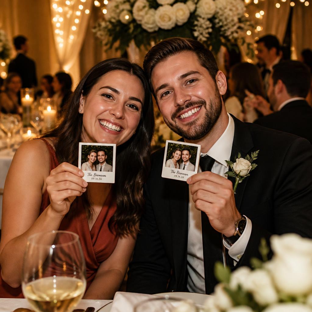 Wedding guests smiling with their custom Evermore magnet keepsake